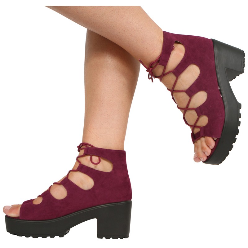 GIRLS KIDS BLOCK HEEL CHUNKY PLATFORM LACE UP ANKLE SANDALS SHOES SIZE