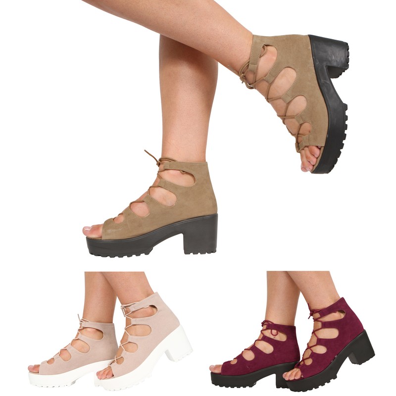 GIRLS KIDS BLOCK HEEL CHUNKY PLATFORM LACE UP ANKLE SANDALS SHOES SIZE