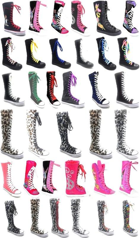 Girls Kids Lot Canvas Sneaker Flat Tall Lace Up Knee High Boot Shoe Sz 11-4