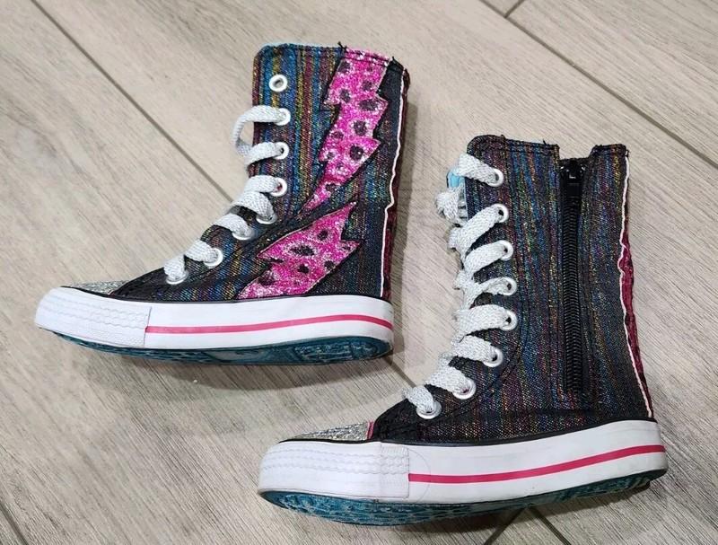 Girls Sparkle High Top Shoes With Pink Lightening Bolts Size 7 Side Zipper