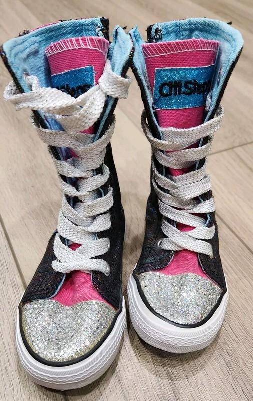 Girls Sparkle High Top Shoes With Pink Lightening Bolts Size 7 Side Zipper