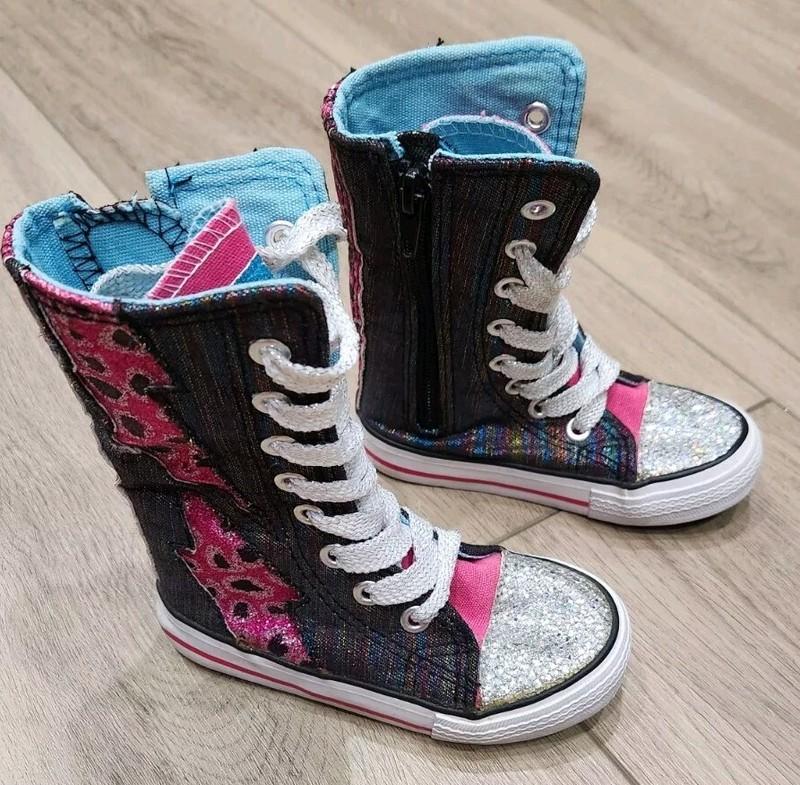 Girls Sparkle High Top Shoes With Pink Lightening Bolts Size 7 Side Zipper