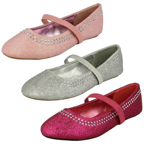 Girls Spot On Glitter Elasticated Strap Flats