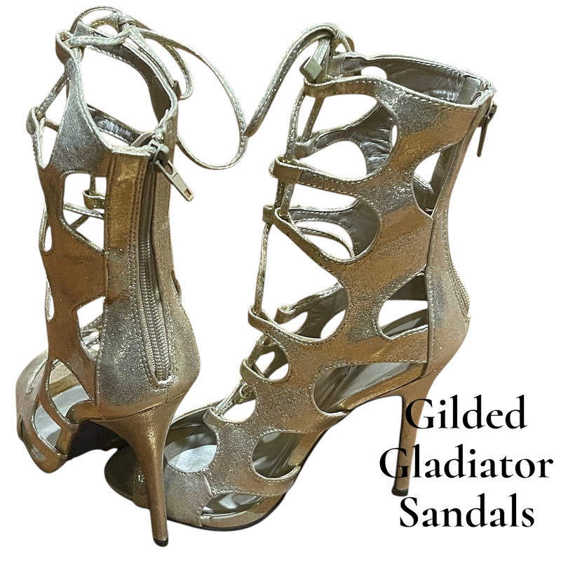 Gold Lace-Up Goddess Gladiator Stiletto Sandals–Metallic Cutout • Statement Heel