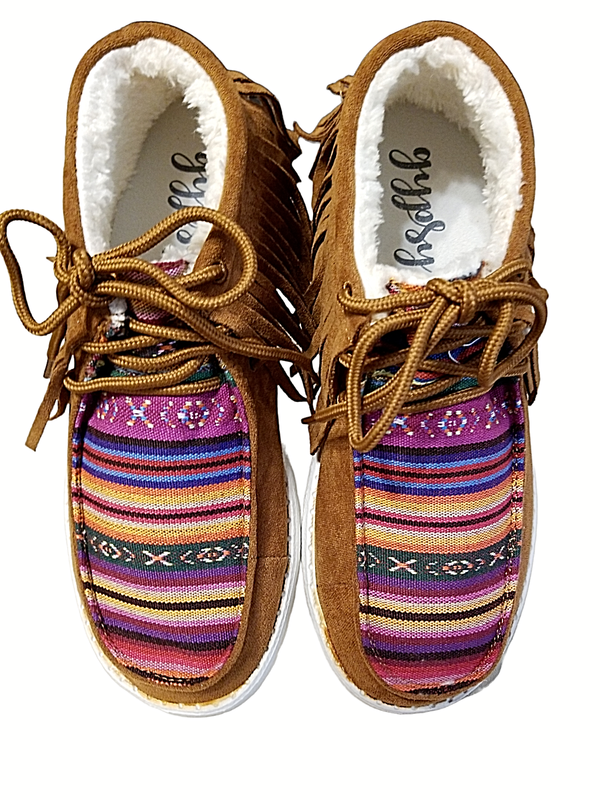 Gypsy Jazz Women's 7 Fringe Bootie Sunrise Serape Faux Suede Tan New GJSP0089