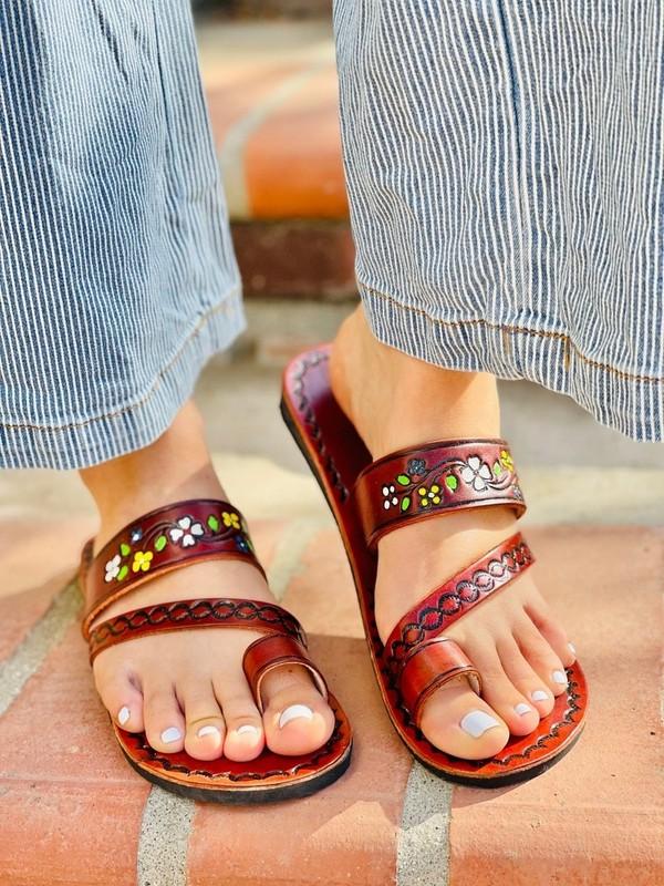 Handcrafted Leather Sandals-Hand Painted Slip-On Summer Footwear