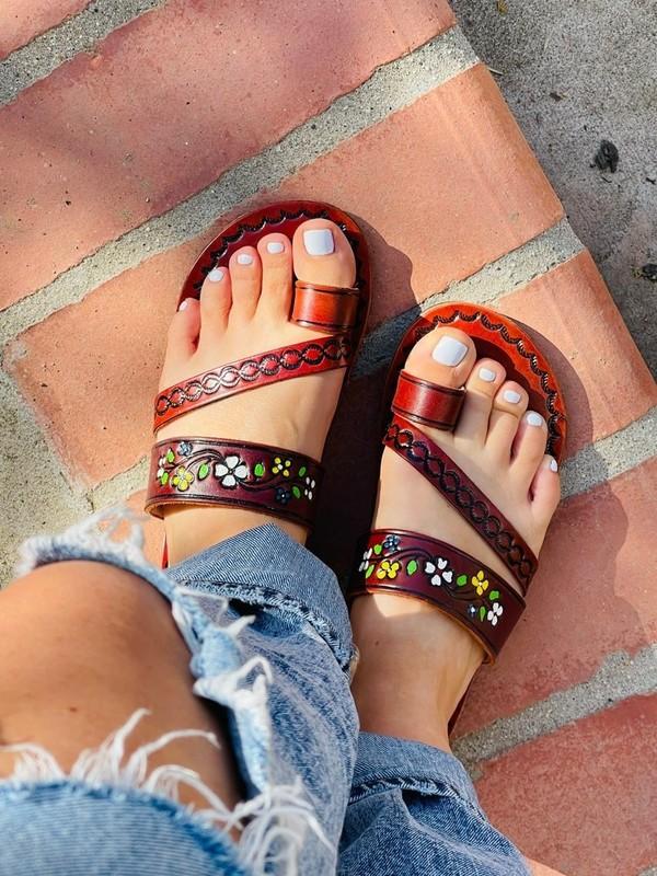 Handcrafted Leather Sandals-Hand Painted Slip-On Summer Footwear