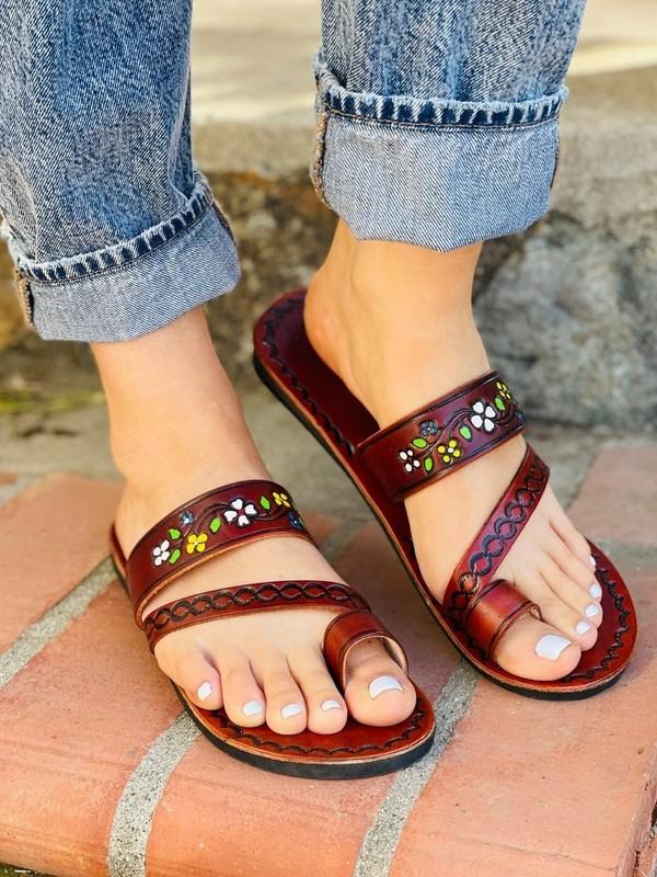 Handcrafted Leather Sandals-Hand Painted Slip-On Summer Footwear