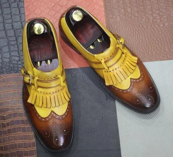 Handcrafted Yellow Brown Fringe Buckle Handstitched Leather Wingtip Dress Shoes