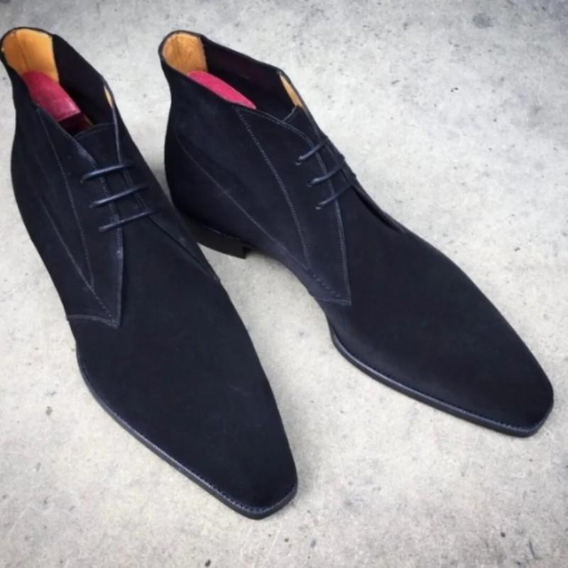 Handmade Black Suede Square Toe Chukka Lace Up Dress Boot Formal Ankle Boot