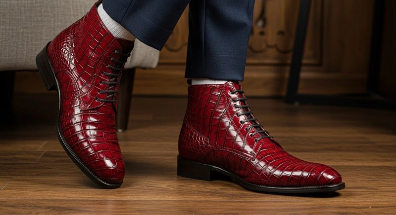 Handmade Leather Alligator Pattern Red Lace Up Dress Formal Boots For Men