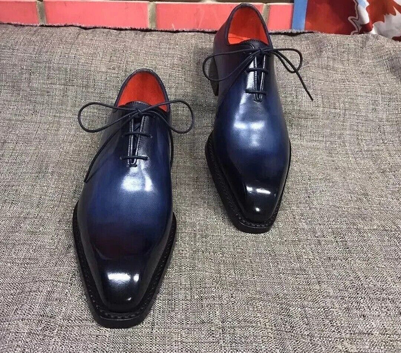Handmade men blue leather oxford shoes formal dress leather office shoes mens