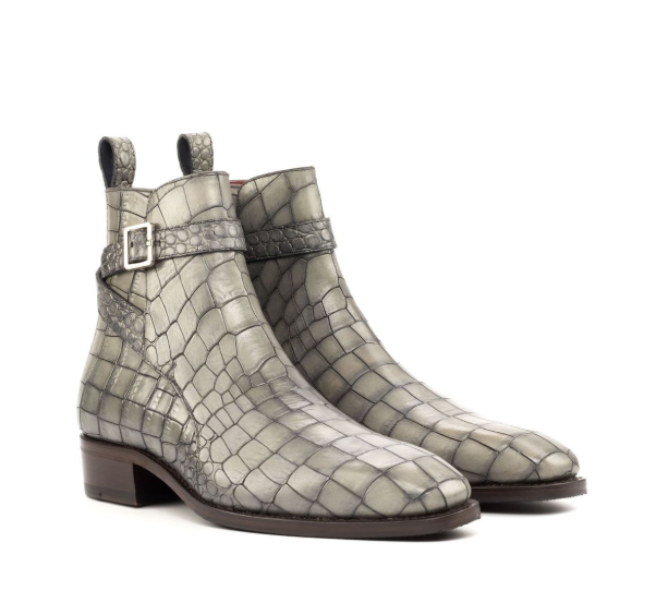 Handmade Men Stylish Gray Crocodile Leather Jodhpur Ankle Strap Office Boot