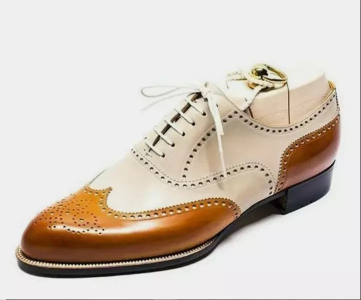 Handmade New Men's Cream Tan Leather Oxford Wingtip Brogue Lace Up Dress Shoes