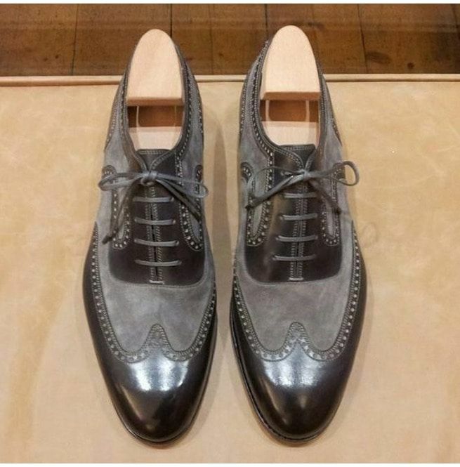Handmade Two Tone Wingtip Formal Shoes Men Gray And Black Two Tone Shoes