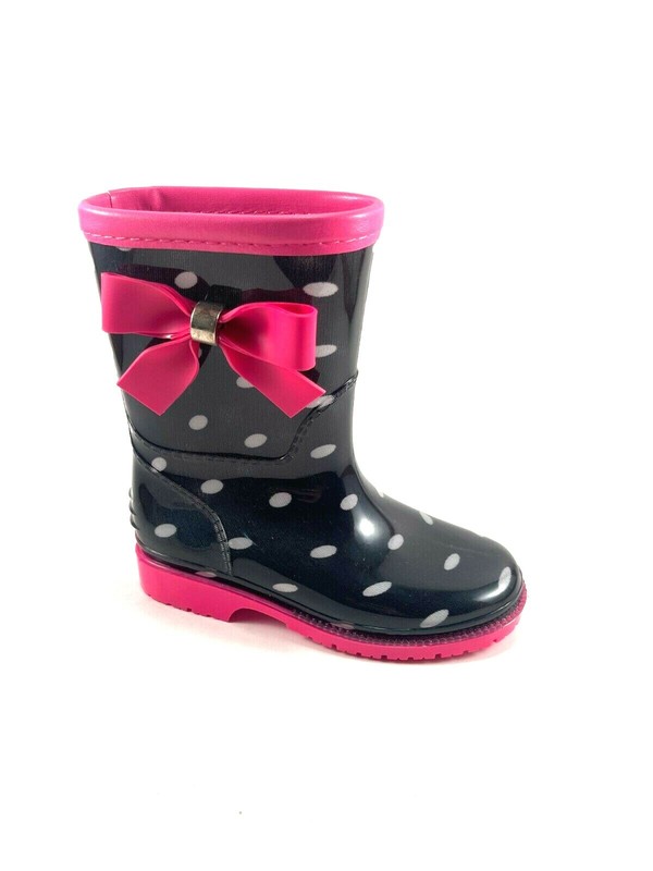 Henry Ferrera K-Poco Girls Black/Pink Polka Dot Slip On Rain Boots