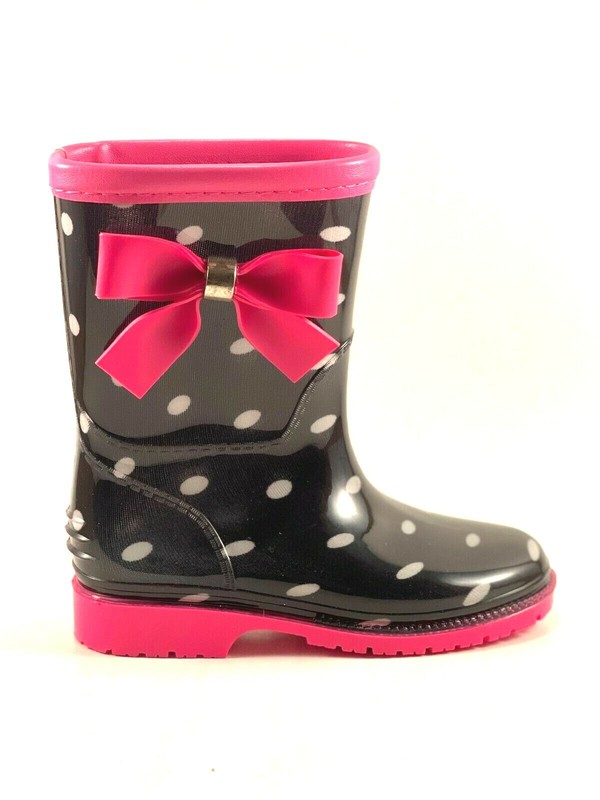 Henry Ferrera K-Poco Girls Black/Pink Polka Dot Slip On Rain Boots