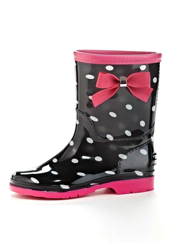 Henry Ferrera K-Poco Girls Black/Pink Polka Dot Slip On Rain Boots