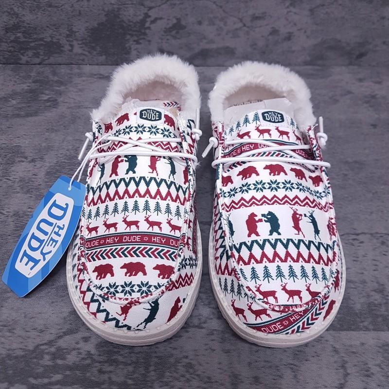 HEY DUDE Wendy Holiday Cheers Slip On Loafers Shoes Womens Size 8 White Red