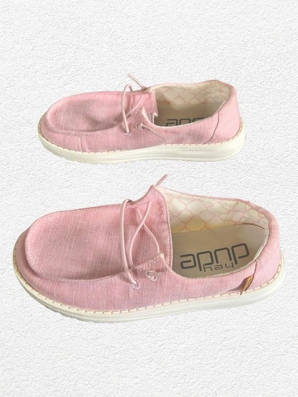 Hey Dude Wendy Slip On Comfort Shoes Youth Girls Size Y2 Pink Linen Cotton Candy