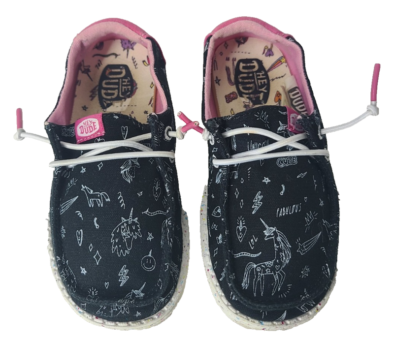 HEY DUDE Wendy Toddler Girl Shoes SIZE K9 Black Pink Unicorn Slip On Synthetic