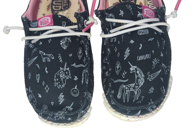 HEY DUDE Wendy Toddler Girl Shoes SIZE K9 Black Pink Unicorn Slip On Synthetic