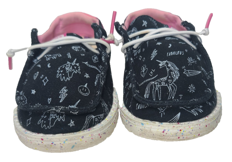 HEY DUDE Wendy Toddler Girl Shoes SIZE K9 Black Pink Unicorn Slip On Synthetic