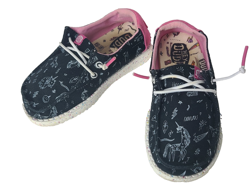 HEY DUDE Wendy Toddler Girl Shoes SIZE K9 Black Pink Unicorn Slip On Synthetic