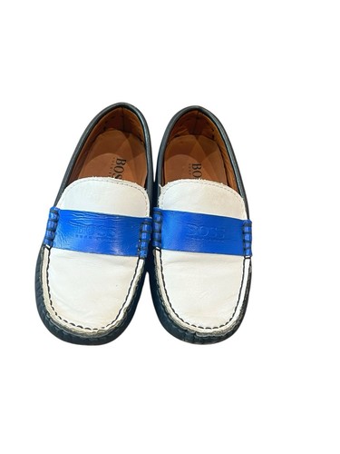 Hugo Boss Boys Leather Tricolor Blue White Logo Moccasins Shoes Size 29 11.5