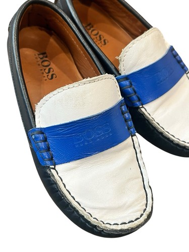 Hugo Boss Boys Leather Tricolor Blue White Logo Moccasins Shoes Size 29 11.5