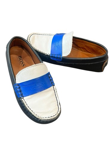 Hugo Boss Boys Leather Tricolor Blue White Logo Moccasins Shoes Size 29 11.5