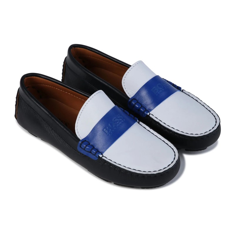 Hugo Boss Boys leather tricolor Blue White logo moccasins shoes size 29 11.5