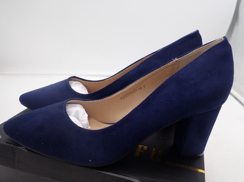 IDIFU Blue Suede Pumps Women's Closed Toe Heels High Block Chunky Heel Size 9