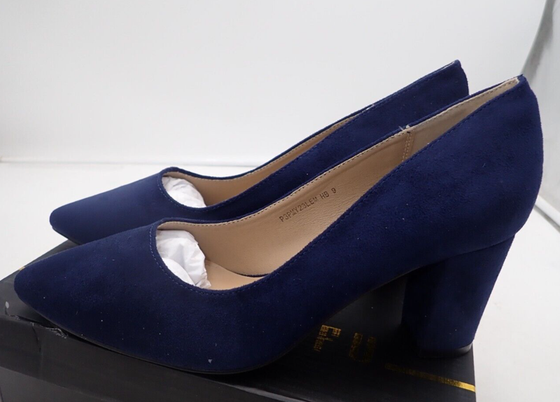 IDIFU Blue Suede Pumps Women's Closed Toe Heels High Block Chunky Heel size 9