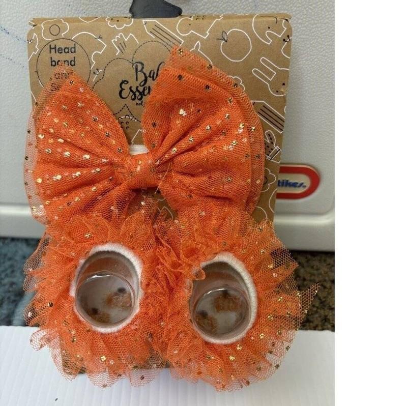 Infant Halloween Booties & Headband 0/6 Months Orange White Pumpkin 2 Pc Girls
