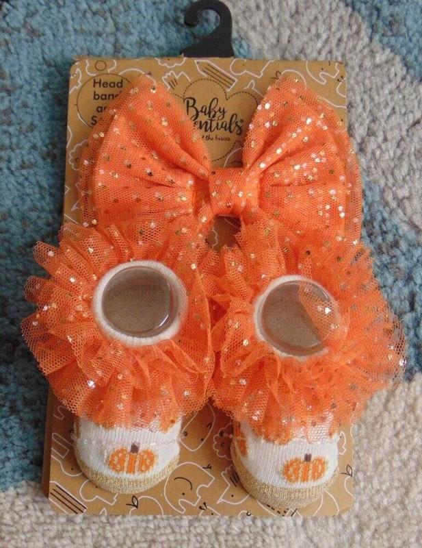 Infant Halloween Booties & Headband 0/6 months Orange White Pumpkin 2 Pc Girls