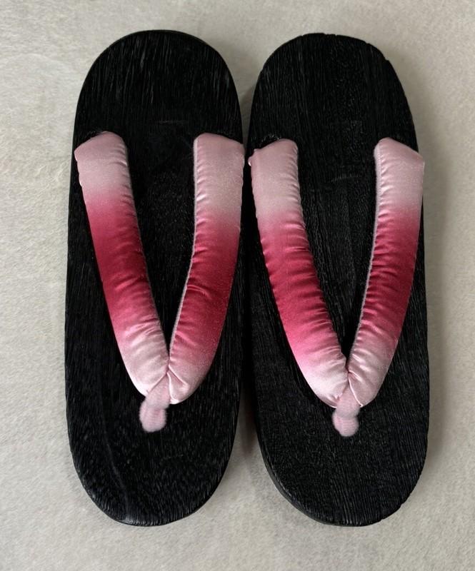 Japanese Traditional Geta Kimono Pink Punk Black Wooden Sandals Women 7/8