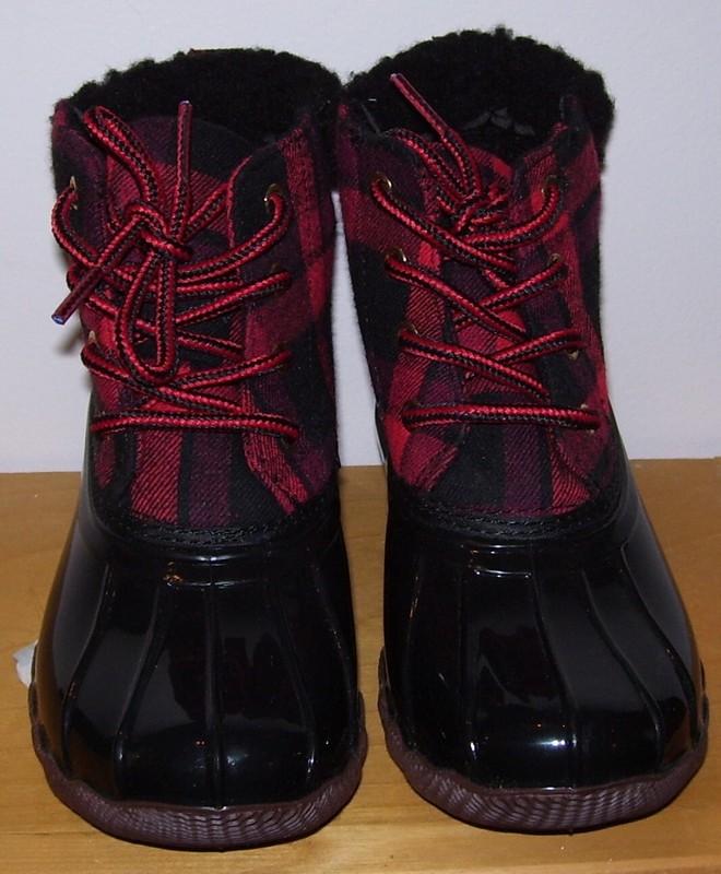 Jessica Carlyle Girls Black Red Buffalo Plaid Rain Snow Duck Boots Sz 8 9 10 12