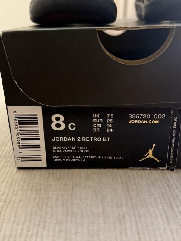 Jordan 2 Retro BT TD Size 8C 395720 002 Black Red Used With Original Box Rare