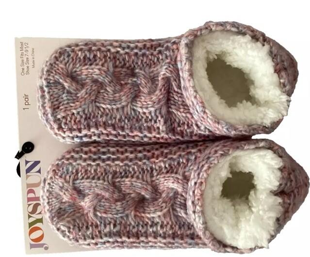 JOYSPUN Pink Knit Faux Fur Lined Bootie Slippers Socks Sz 7-9.5*