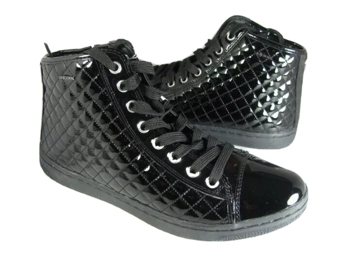 Juniors GEOX Girls Sneakers Black High Top Quilted Patent Leather Sz Y 6.5 New