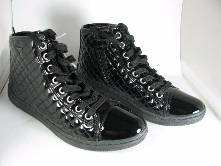 Juniors GEOX Girls Sneakers Black High Top Quilted Patent Leather Sz Y 6.5 New