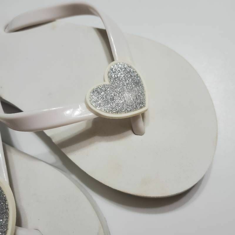 Justice Girls Flip Flop Thong Sandals White Heart Glitter Flat Slip-On 3-4