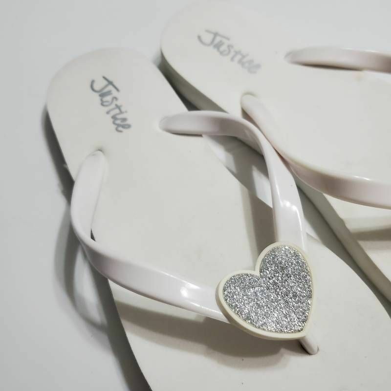 Justice Girls Flip Flop Thong Sandals White Heart Glitter Flat Slip-On 3-4