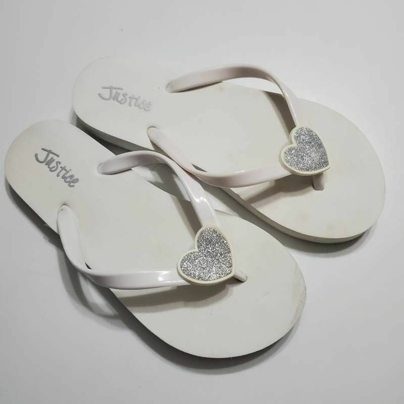 Justice Girls Flip Flop Thong Sandals White Heart Glitter Flat Slip-On 3-4