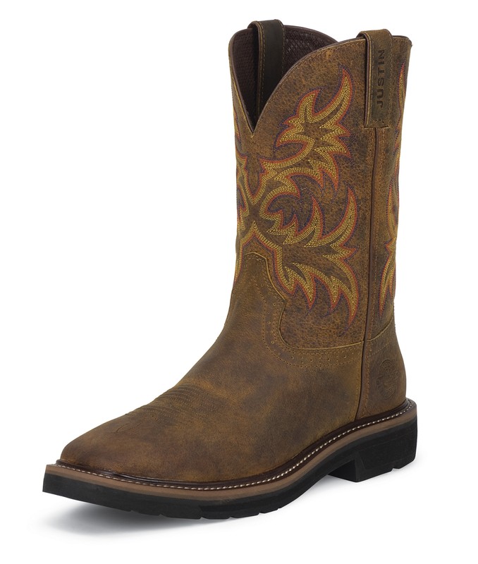 Justin Mens Tan Rugged Leather Work Boots 11in Stampede Pull-On 9.5D