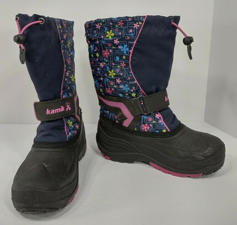 Kamik Blue Black Floral Print Snow Boots With Removable Liners Girls Kids Sz 3