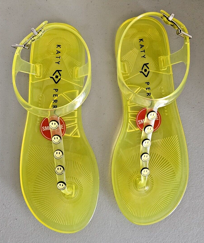 Katy Perry Women's The Geli-T Strap Flat Sandal Smiley Face Lemon Drop Sz. 8 NIB