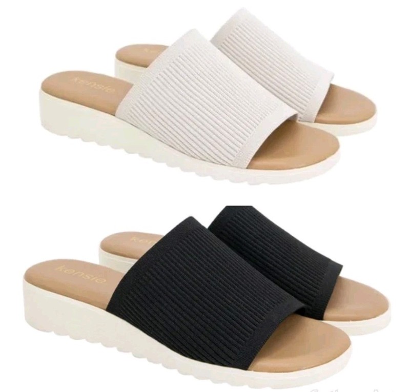 Kensie Women's Padded Slip-On Sandals Beige/Black Lightweight Soft Upper New