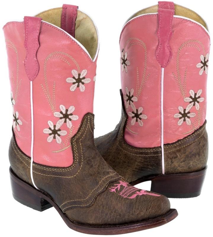 Kids Cowboy Boots Pink Flowers Leather Ranch Snip Toe Rodeo Wear Size 7 8 2